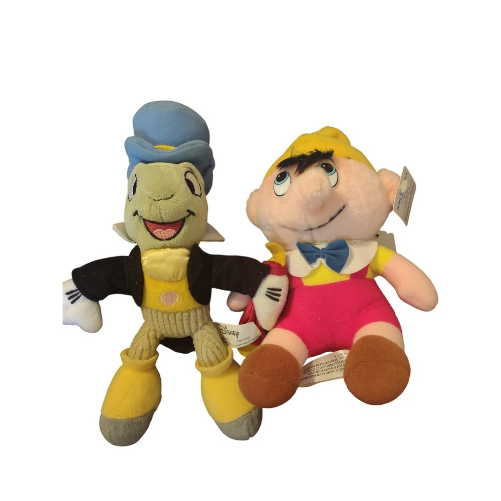 Disney Pinocchio and Jiminy Cricket Plush Set Snap Toys Vintage Style 2pc Bundle